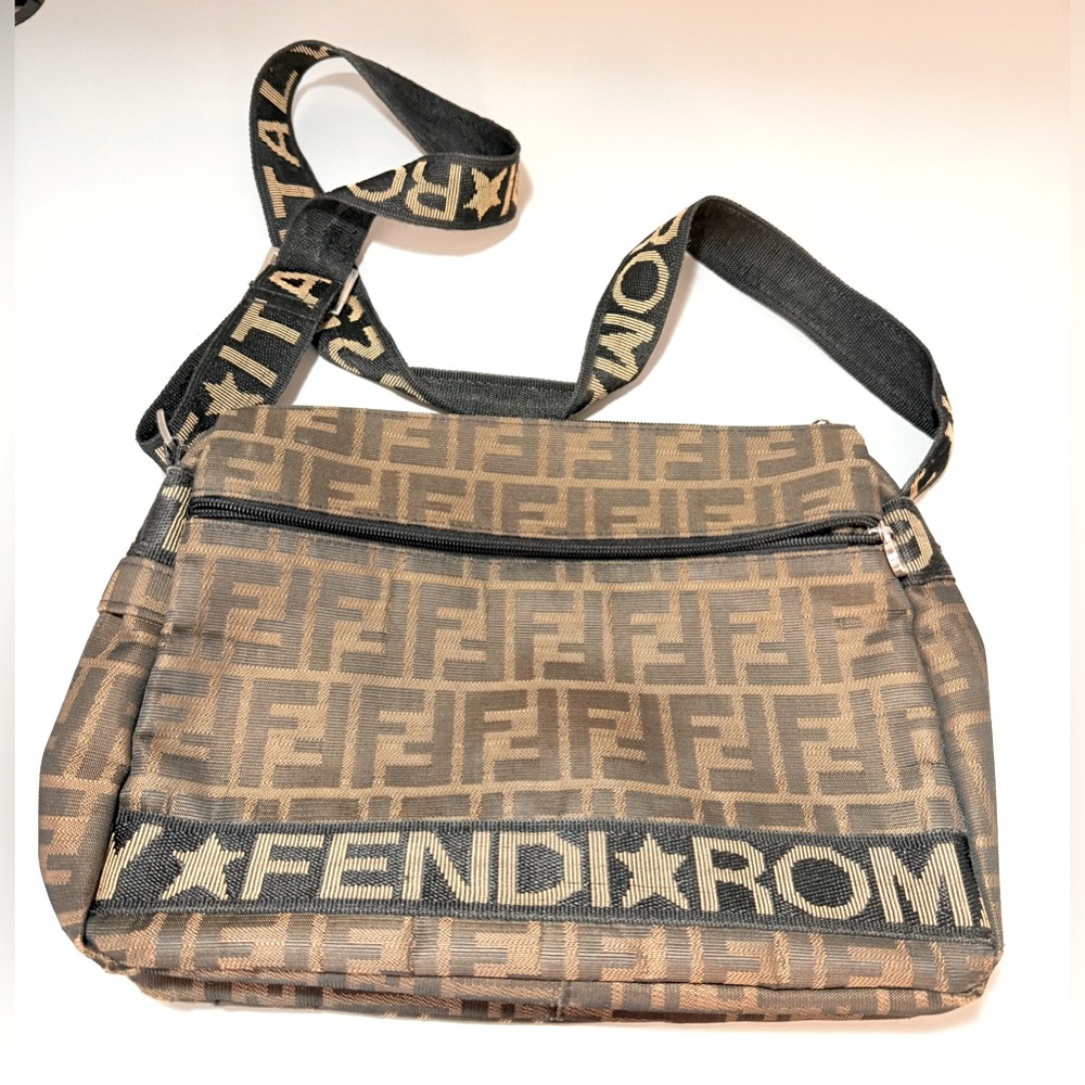 Fendi Zucca FF Logo Shoulder Bag Brown Canvas Vntg Y2K Crossbody Wide Strap COA